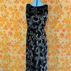 Vintage 90s Black Green Swirl Velvet Prom Dress